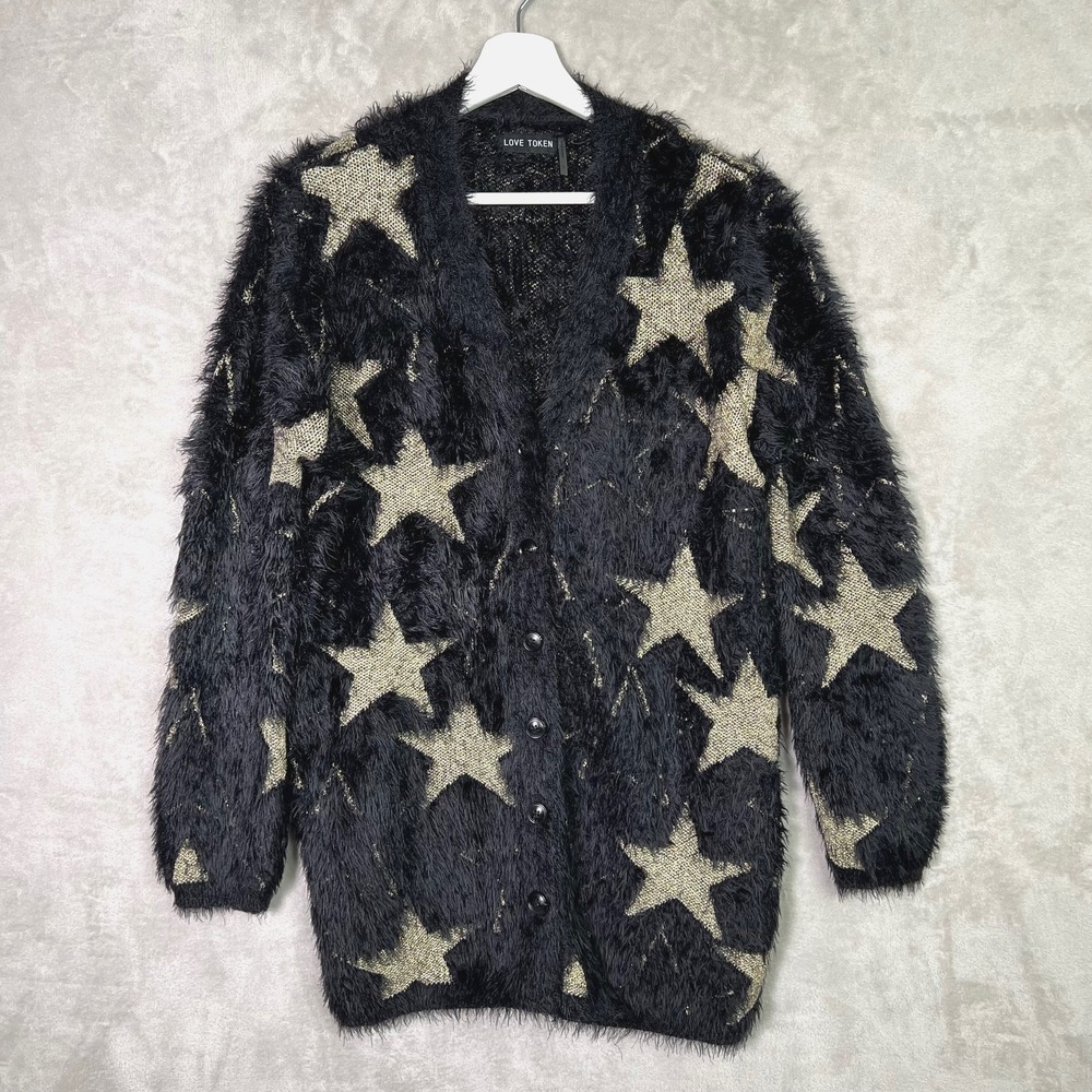 Love Token Black Gold Star Eyelash Knit L Cardigan Sweater Fuzzy New‎ Year Glam